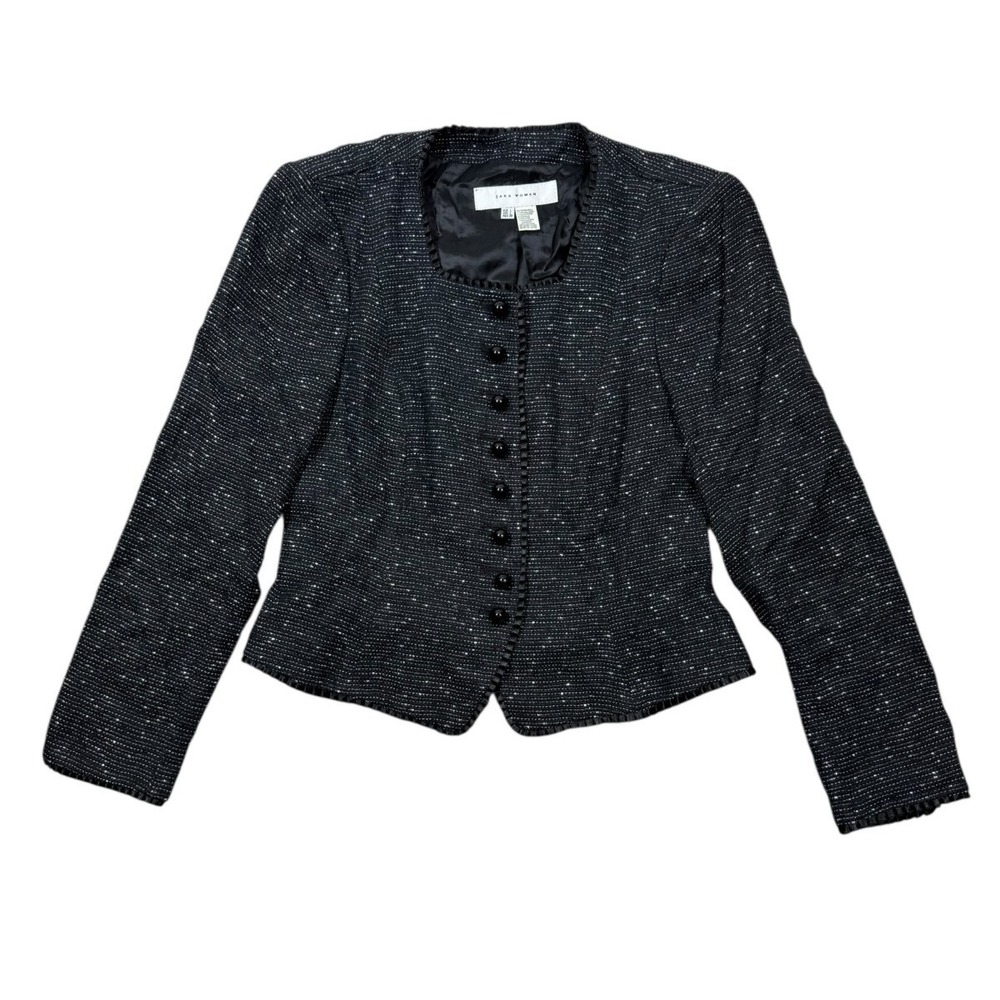 Zara Women's Black Cropped Button Up Flax Linen Blend Blazer Jacket Large